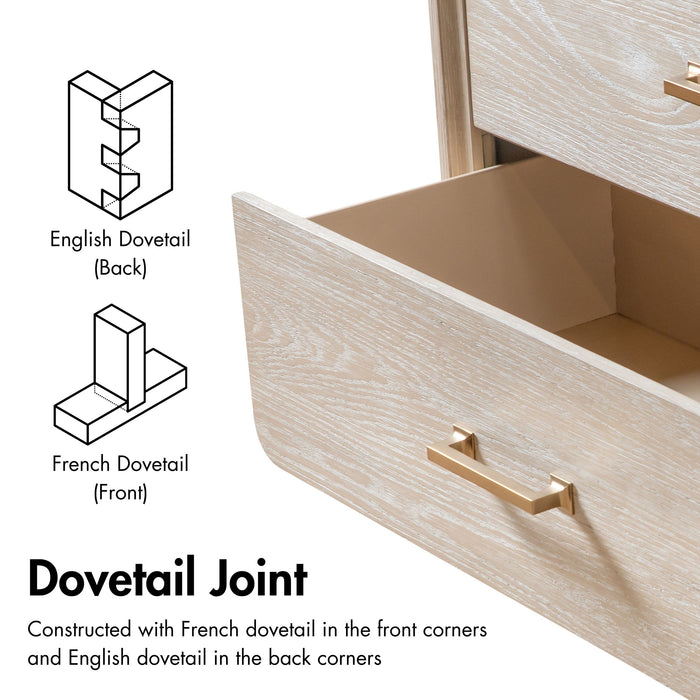 Informational image of the dovetail joints of a transitional light oak seven-drawer dresser and mirror with a metal base, on a white background