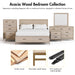 Informational image of the larger bedroom collection that includes a transitional light oak seven-drawer dresser and mirror with a metal base, on a white background