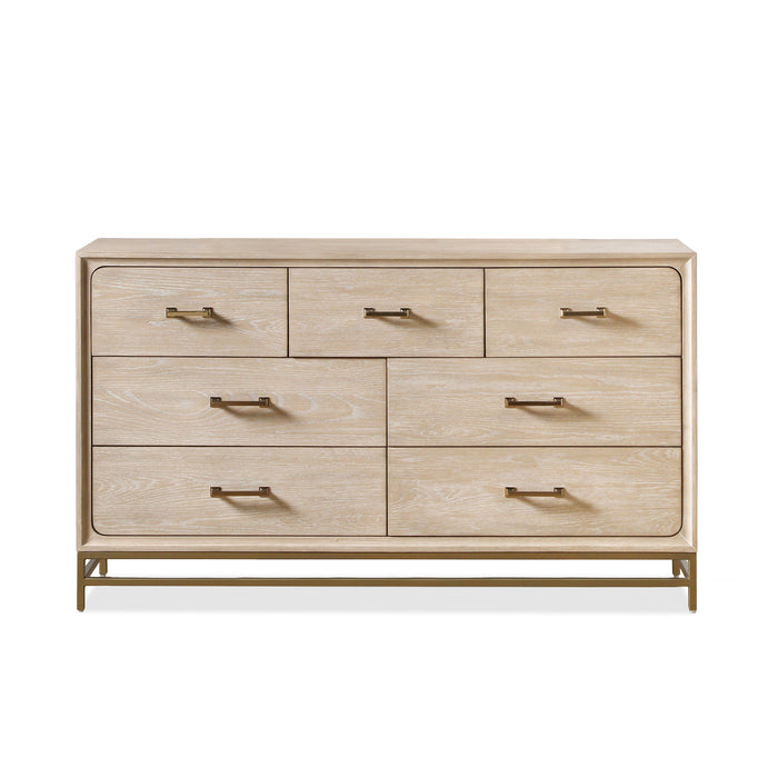 Front facing transitional light oak seven-drawer dresser with a metal base, on a white background