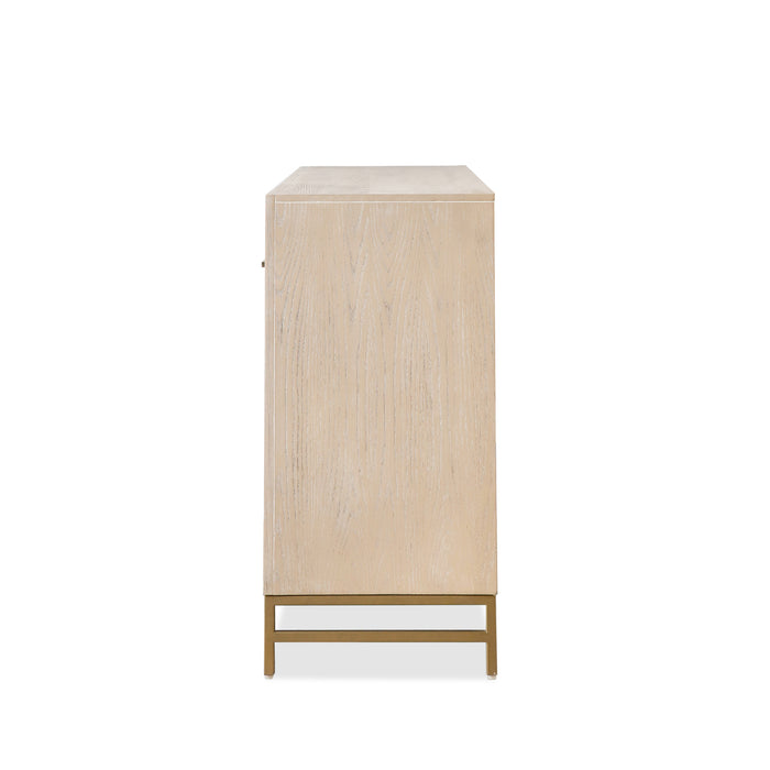 Front facing side view of a transitional light oak seven-drawer dresser with a metal base, on a white background