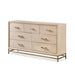 Left facing transitional light oak seven-drawer dresser with a metal base on a white background