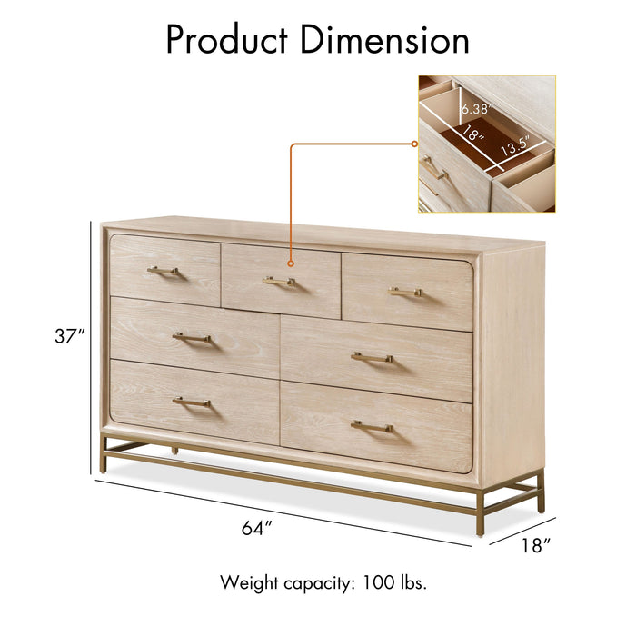 Informational image of a left facing transitional light oak seven-drawer dresser with a metal base overlaid with product dimensions, on a white background