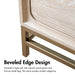 Informational image of the beveled edge design of a transitional light oak seven-drawer dresser with a metal base