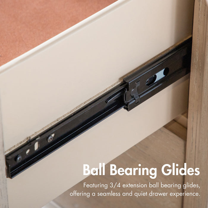 Informational image of the ball bearing glides of a transitional light oak seven-drawer dresser with a metal base