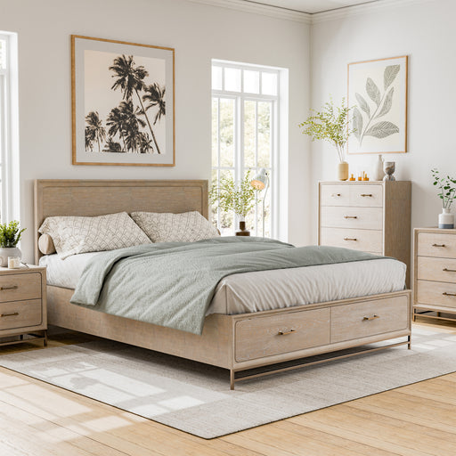 Right facing transitional light oak eastern king platform bed with two storage drawers in a room with accessories