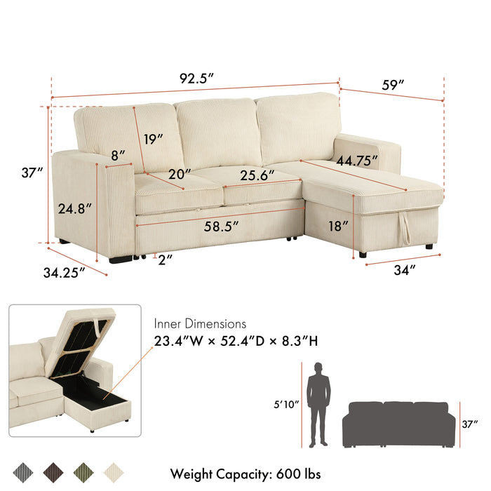 Specifications of a chenille reversible sectional with storage chaise