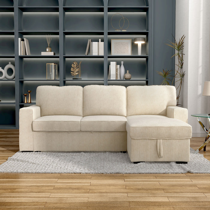 Front-facing chenille reversible sectional with storage chaise in a stylish living room with accessories