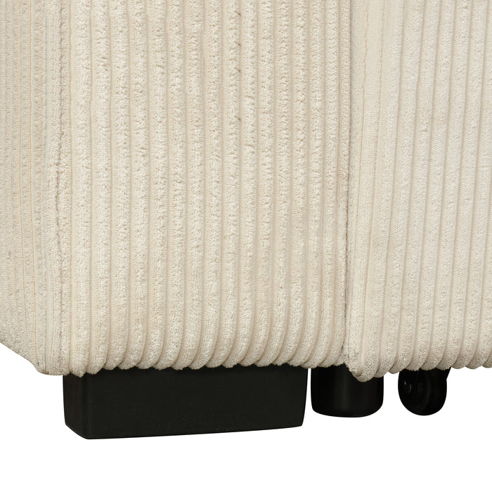 Close-up leg detail of a chenille reversible sectional with storage chaise on a white background