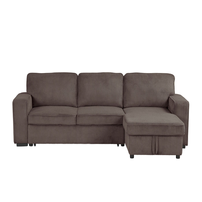 Front-facing chenille reversible sectional with storage chaise on a white background