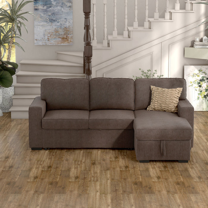 Front-facing chenille reversible sectional with storage chaise in a stylish living room with accessories