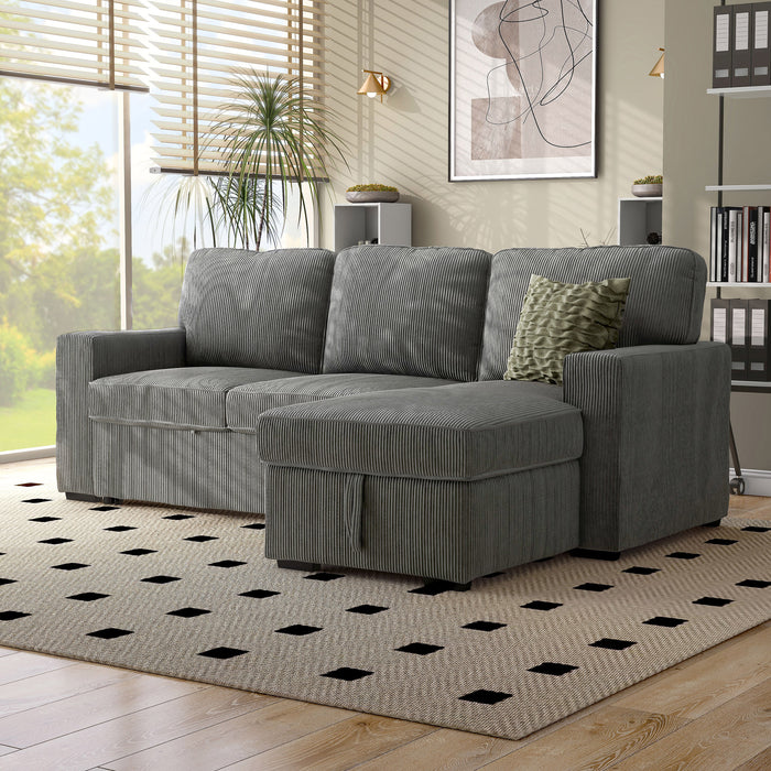 Left-angled chenille reversible sectional with storage chaise in a stylish living room with accessories