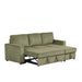 Right-angled of pull-out bed function of a chenille reversible sectional with storage chaise on a white background