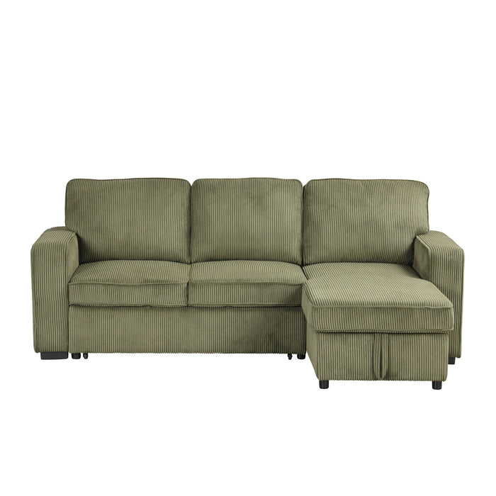 Front-facing chenille reversible sectional with storage chaise on a white background