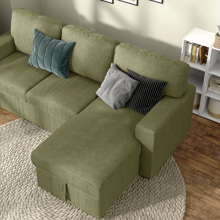 Close-up Chaise of a chenille reversible sectional with storage chaise in a stylish living room with accessories