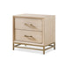 Left facing transitional light oak two-drawer nightstand with a metal base on a white background