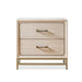 Front facing transitional light oak two-drawer nightstand with a metal base on a white background