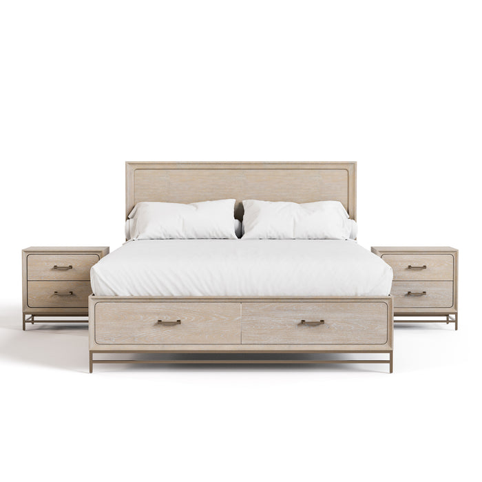 Front facing three-piece transitional light oak eastern king bedroom set with a bed and two nightstands on a white background