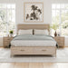 Front facing three-piece transitional light oak eastern king bedroom set with a bed and two nightstands in a room with linens and accessories