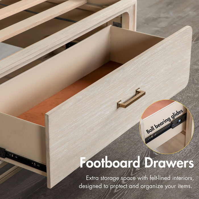 Informational image of the footboard drawer and glides of a transitional light oak eastern king platform bed with two storage drawers in a room