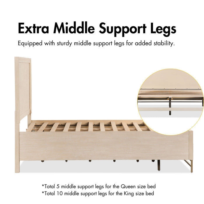 Informational image of the middle support legs of a transitional light oak eastern king platform bed with two storage drawers on a white background