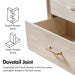 Informational image of the dovetail joints of a six-piece transitional light oak eastern king complete bedroom set, on a white background