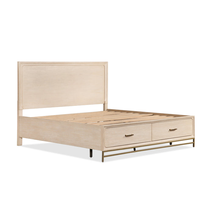 Right facing transitional light oak eastern king platform bed with two storage drawers on a white background