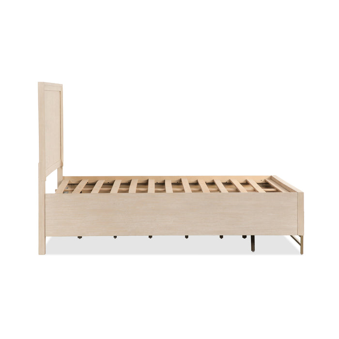 Front facing side view of a transitional light oak eastern king platform bed with two storage drawers on a white background