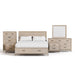 Front facing six-piece transitional light oak eastern king complete bedroom set on a white background