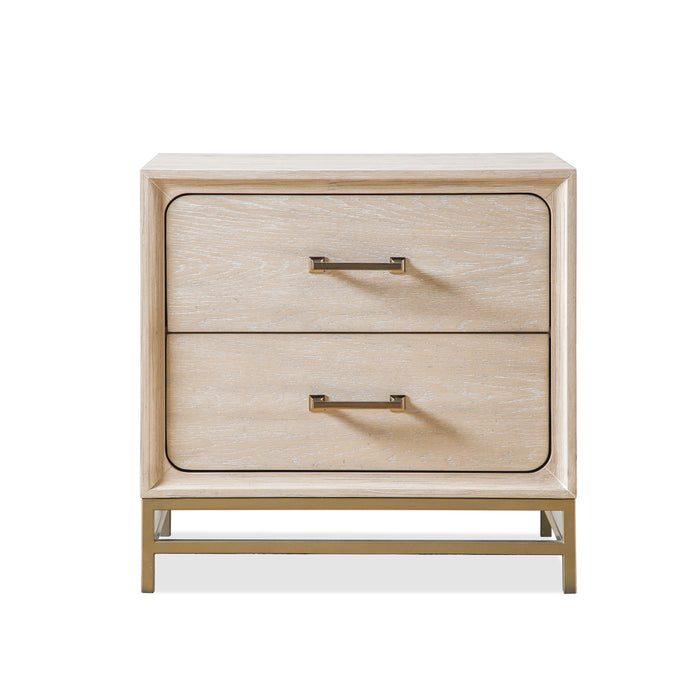 Front facing transitional light oak two-drawer nightstand with a metal base on a white background