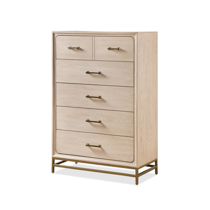 Left facing transitional light oak six-drawer chest with a metal base on a white background