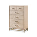 Left facing transitional light oak six-drawer chest with a metal base on a white background