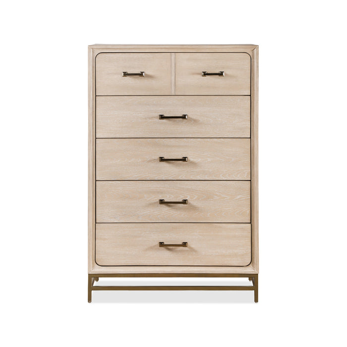 Front facing transitional light oak six-drawer chest with a metal base on a white background