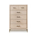 Front facing transitional light oak six-drawer chest with a metal base on a white background