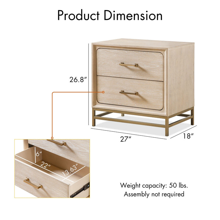 Informational image of a transitional light oak two-drawer nightstand overlaid with product dimensions, on a white background