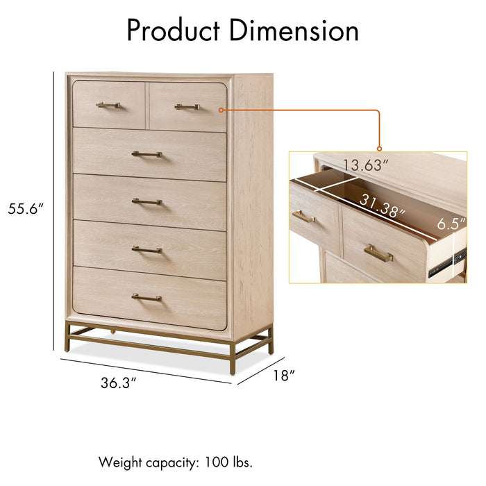 Informational image of a transitional light oak six-drawer chest overlaid with product dimensions, on a white background