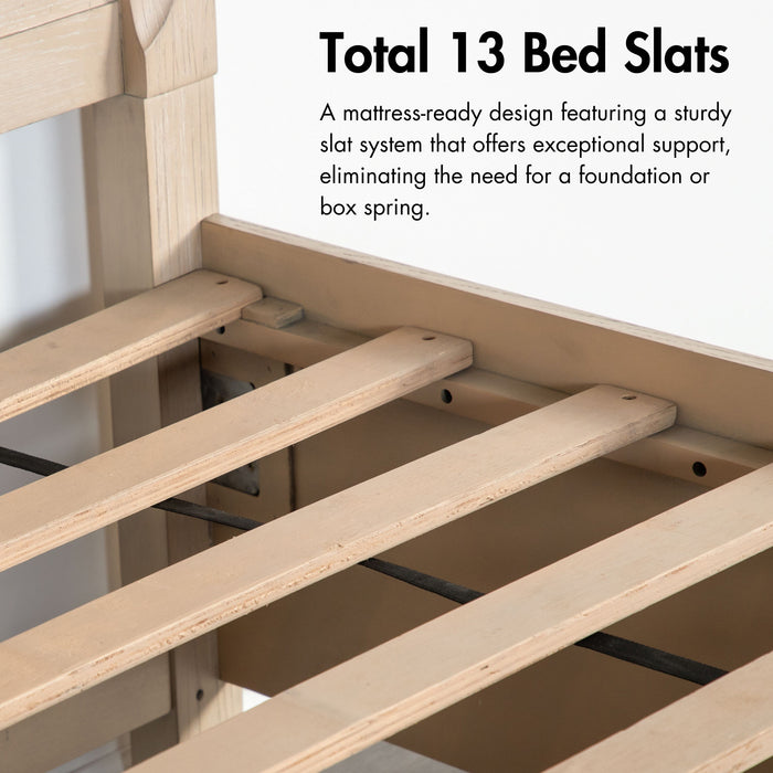 Informational image of the 13 bed slats of a six-piece transitional light oak eastern king complete bedroom set on a white background