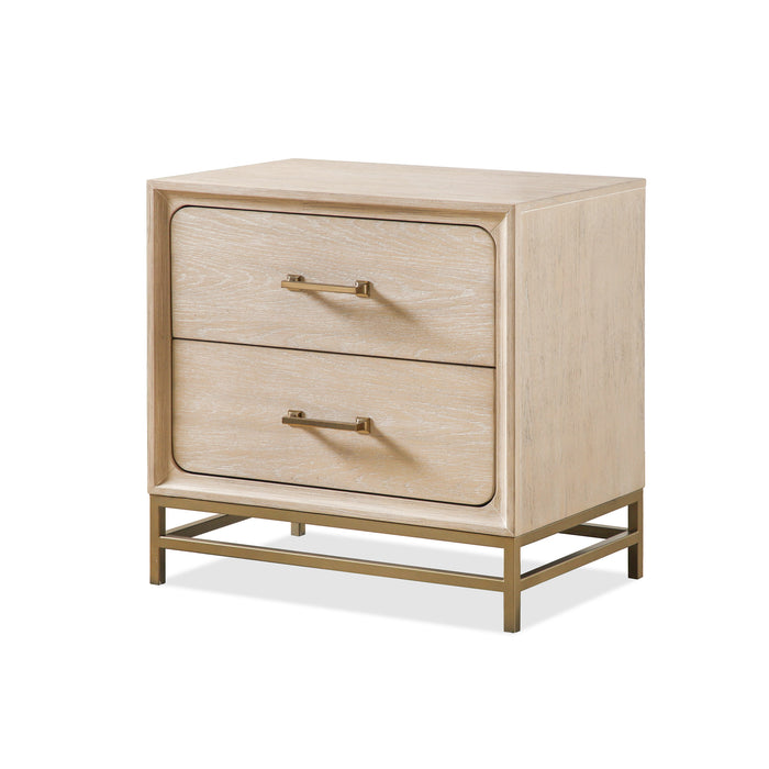 Left facing transitional light oak two-drawer nightstand with a metal base on a white background