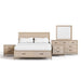 Front facing five-piece transitional light oak eastern king bedroom set on a white background