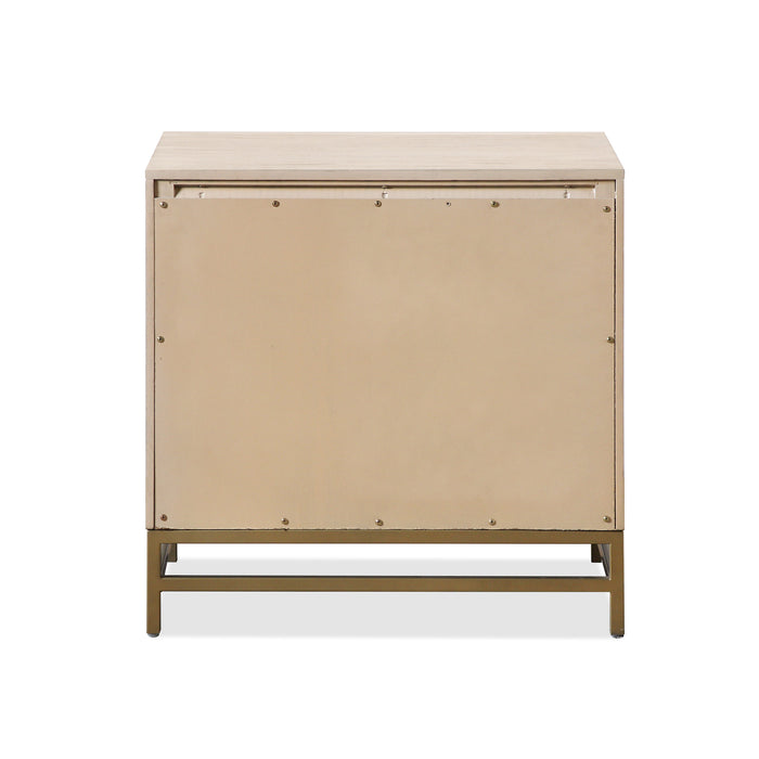 Front facing back view of a transitional light oak two-drawer nightstand with a metal base on a white background