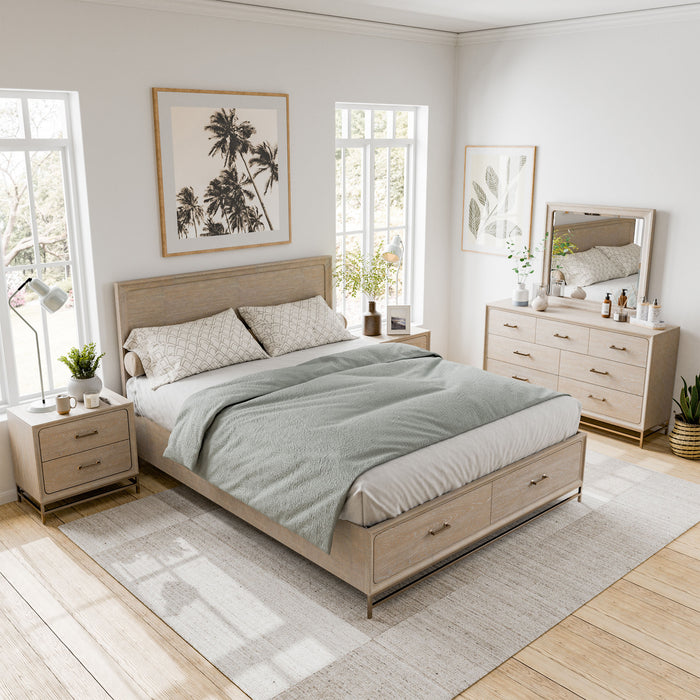 Left facing high camera view of a five-piece transitional light oak eastern king bedroom set in a room with linens and accessories