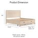 Informational image of a transitional light oak eastern king platform bed with two storage drawers overlaid with product dimensions, on a white background