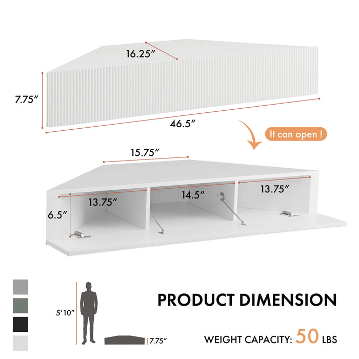 Informational image of a right facing transitional white wall-mount media console with a wavy front design overlaid with product dimensions, on a white background