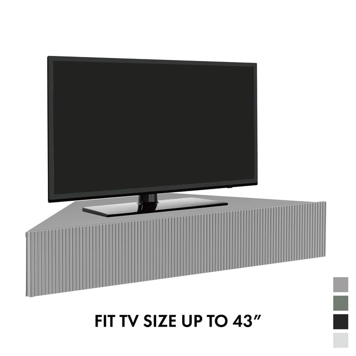 Informational image of a transitional wall-mount media console with a wavy front design showing it fits TVs up to 43", on a white background