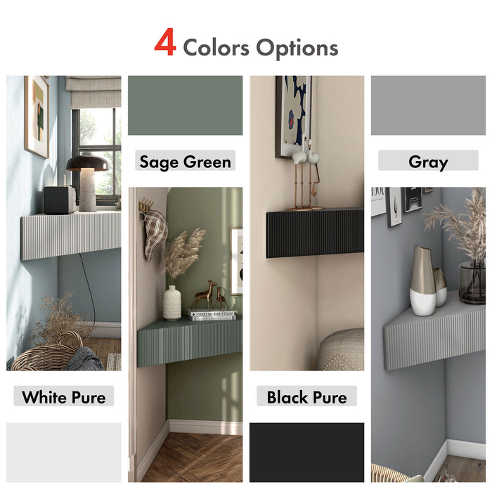 Four-panel informational image showing the finish color options of a transitional wall-mount media console with a wavy front design