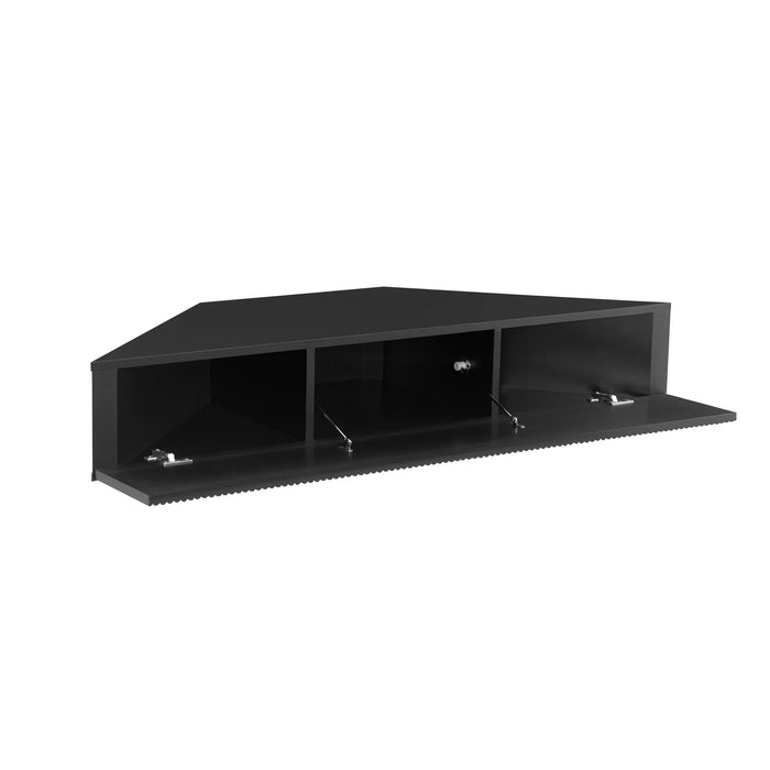 Right facing transitional black wall-mount media console with a wavy front design opened to reveal interior storage on a white background