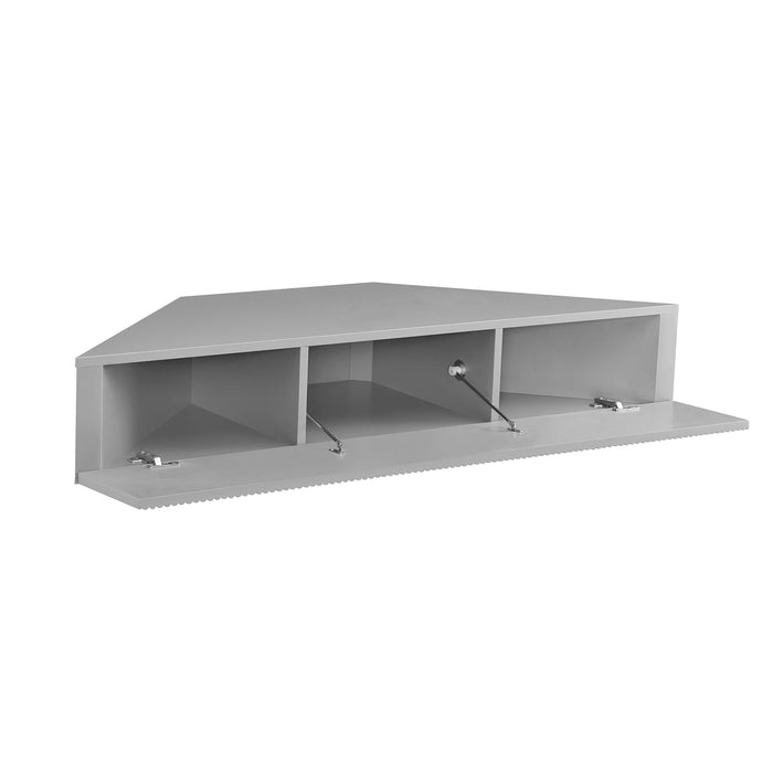 Right facing transitional grey wall-mount media console with a wavy front design opened to reveal interior storage on a white background