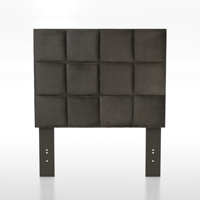 Front-facing biscuit tufted brown flax flannelette upholstered twin headboard.