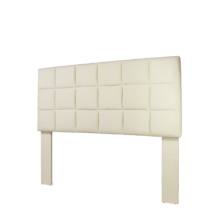 Left-angled biscuit tufted ivory flax flannelette upholstered full/queen headboard.