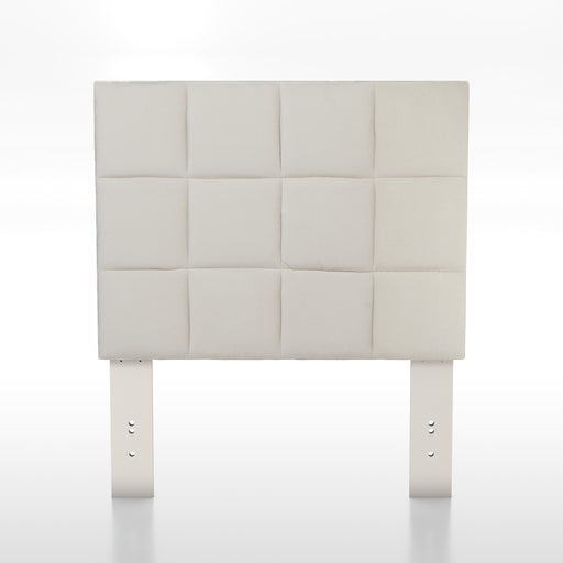 Front-facing biscuit tufted ivory flax flannelette upholstered twin headboard.