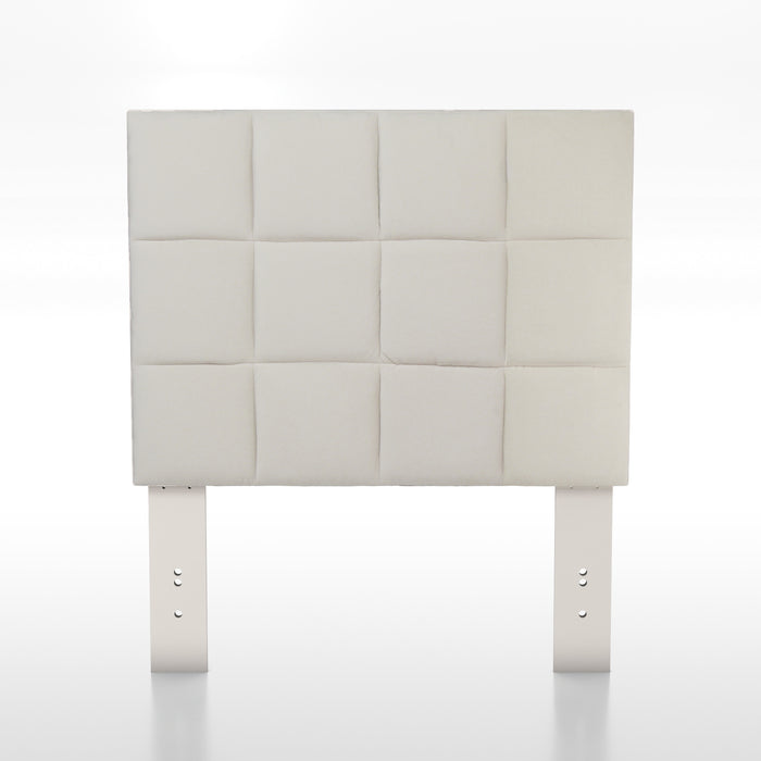 Front-facing biscuit tufted ivory flax flannelette upholstered twin headboard.